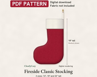 Wzór do szycia świątecznej skarpety w formacie PDF, klasyczna skarpeta Fireside, podszyta mankietem, 3 rozmiary, szablony pełnowymiarowe, pobieranie cyfrowe