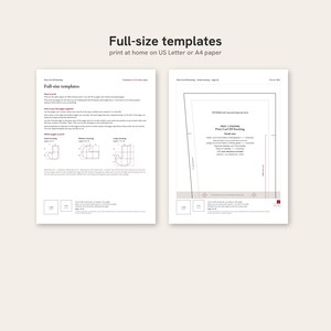 May include: Two pages of full-size templates for a Pixie Curl Elf Stocking, designed to print on US Letter paper. The documents include instructions for printing, assembly, and cutting, featuring diagrams for small, medium, and large sizes.