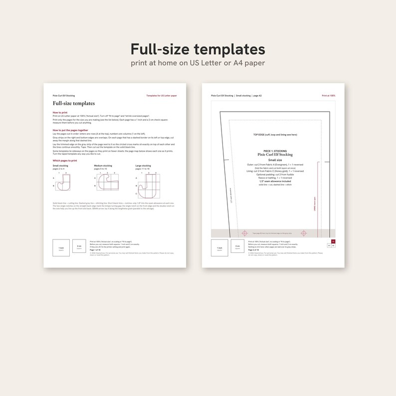 May include: Two pages of full-size templates for a Pixie Curl Elf Stocking, designed to print on US Letter paper. The documents include instructions for printing, assembly, and cutting, featuring diagrams for small, medium, and large sizes.
