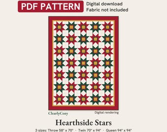 Christmas Star Quilt Pattern, Hearthside Stars, 3 Sizes (PDF Download)