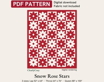 Nordic Star Quilt Pattern PDF, Snow Rose Stars Scandinavian Christmas Quilt in Lap, Throw and Queen Sizes, Digital Download