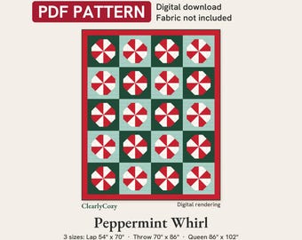 Peppermint Candy Christmas Quilt Pattern PDF, Peppermint Whirl in Lap, Throw and Queen Sizes, Confident Beginner, Digital Download