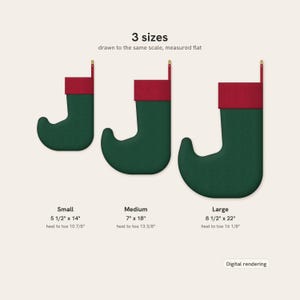 May include: Three green and red elf-style stockings in small, medium, and large sizes. Text indicates: 3 sizes, drawn to the same scale, measured flat. Small: 5 1/2" x 14", heel to toe 10 7/8". Medium: 7" x 18", heel to toe 13 3/8". Large: 8 1/2" x 22", heel to toe 16 1/8". Digital rendering.
