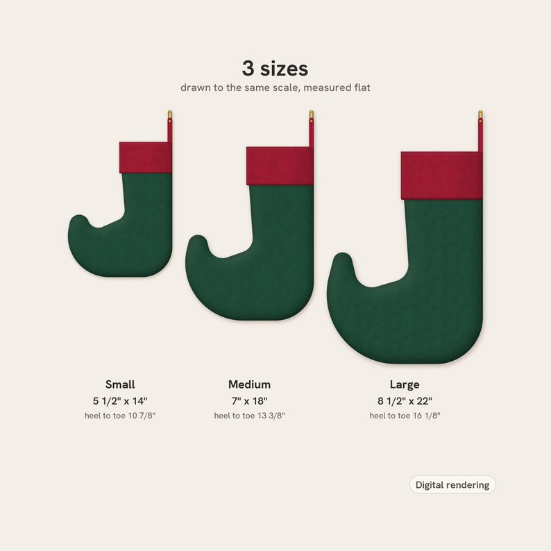 May include: Three green and red elf-style stockings in small, medium, and large sizes. Text indicates: 3 sizes, drawn to the same scale, measured flat. Small: 5 1/2" x 14", heel to toe 10 7/8". Medium: 7" x 18", heel to toe 13 3/8". Large: 8 1/2" x 22", heel to toe 16 1/8". Digital rendering.