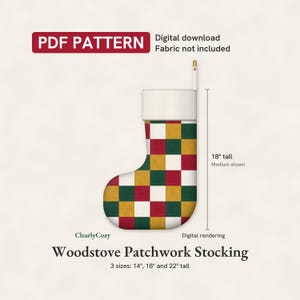 Patron de couture PDF pour chaussette de Noël patchwork, motif poêle à bois, carrés matelassés, doublée, 3 tailles, téléchargement numérique