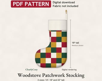 Molde em PDF para costura de meia de Natal patchwork, meia patchwork com estampa de fogão a lenha, quadrados acolchoados, forrada, 3 tamanhos, download digital.