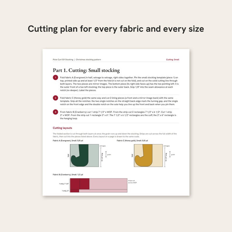 May include: A digital sewing instruction sheet titled Cutting plan for every fabric and every size, detailing Part 1. Cutting: Small stocking. It includes numbered steps, text descriptions, and visual cutting layouts for evergreen, honey gold, and cranberry fabrics.