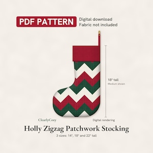 Patchwork-Weihnachtsstrumpf-Nähanleitung (PDF), Stechpalmen-Zickzack-Patchworkstrumpf, gesteppt und gefüttert, 3 Größen, digitaler Download