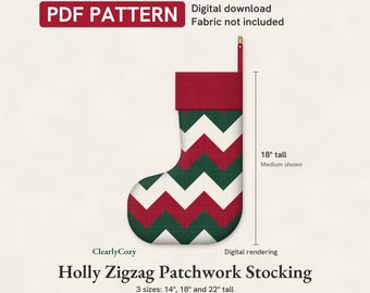 Molde em PDF para costura de meia de Natal patchwork, meia patchwork com azevinho em ziguezague, acolchoada e forrada, 3 tamanhos, download digital.