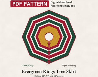 Wzór na spódniczkę choinkową w formacie PDF, pikowana spódniczka choinkowa Evergreen Rings, 8 klinów, lamówka ukośna, 3 rozmiary, do pobrania w wersji cyfrowej