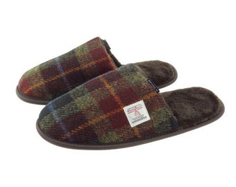 Authentic Harris Tweed Mens Luxury Slippers in Rust Check Scottish Traditional