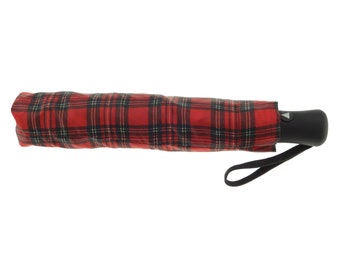 Premium Red Tartan Compact Umbrella - Automatic Open, Strong Steel Frame - Ideal for Scottish Occasions - BR2001