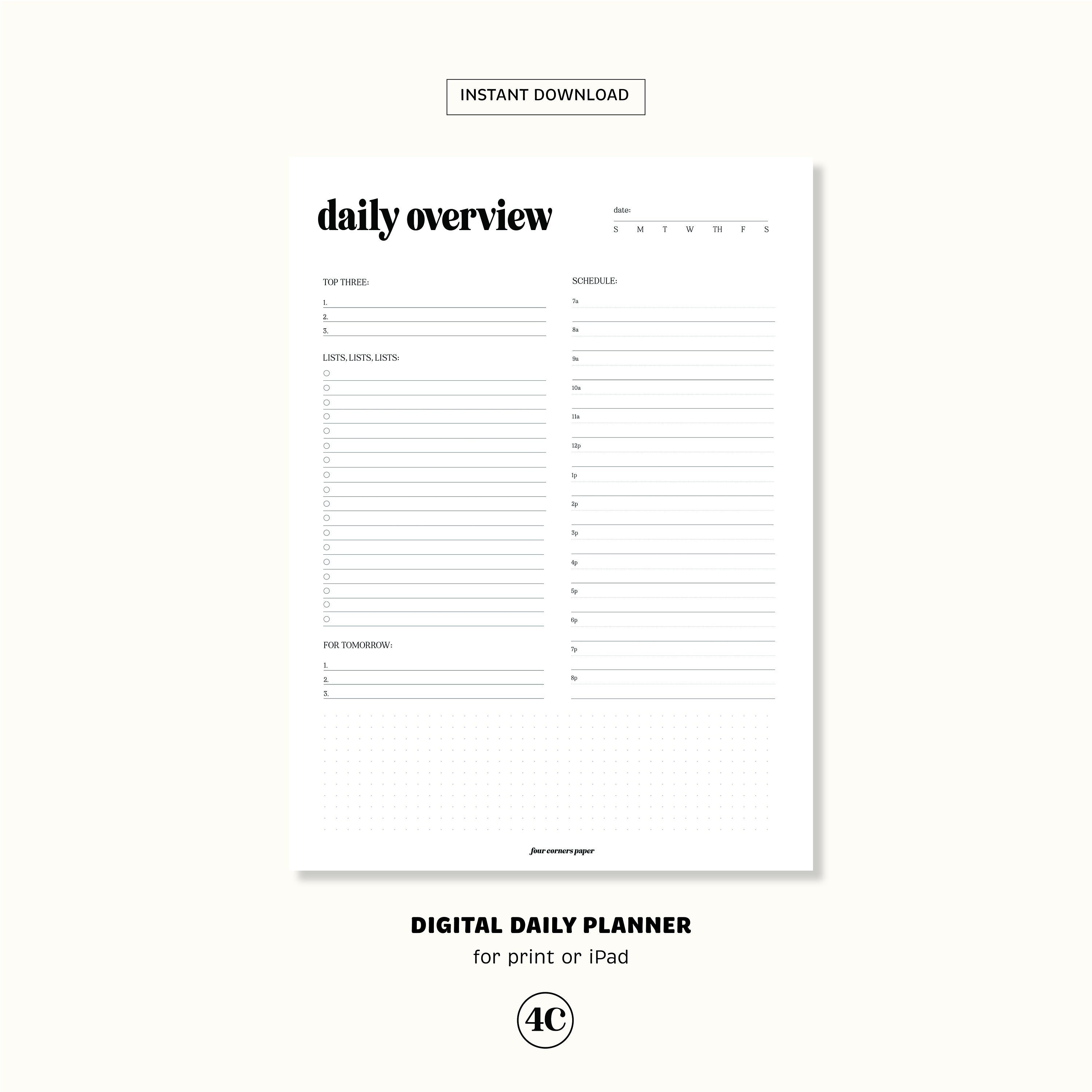 Daily Overview Planning Sheet Daily Planner Digital Download Printable ...