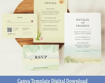 Beach Wedding Invitation Suite, Editable Wedding Invite Templates, watercolor minimal wedding invite, beach wedding modern wedding canva