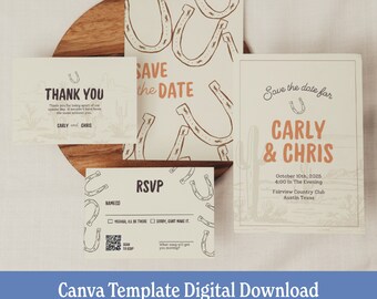 May include: A set of printable wedding stationery with a western theme. The cards feature a horseshoe design and the text "Save the Date" and "Carly & Chris".