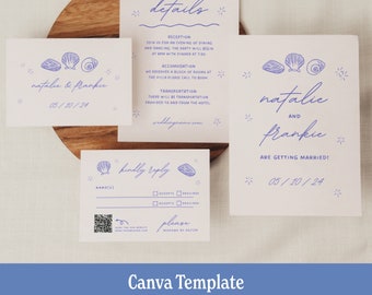 Beach Wedding Invitation Canva Template | Beach Wedding | Handwritten & Hand Drawn | Destination wedding | Modern Wedding | Minimal seashell