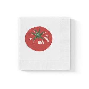 May include: A red tomato with a green stem and leaves on a white background.