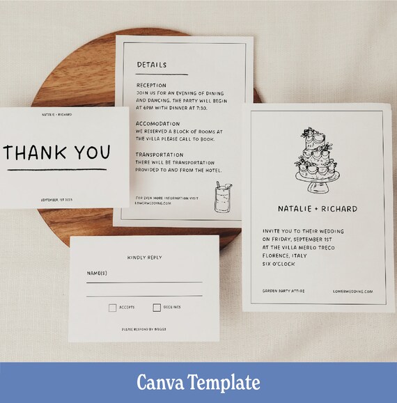 Wedding Invitation, Minimal Wedding Invite Suite, Modern Invite, Simple Editable Invite Template, Canva Template, Bold Wedding, Illustrated