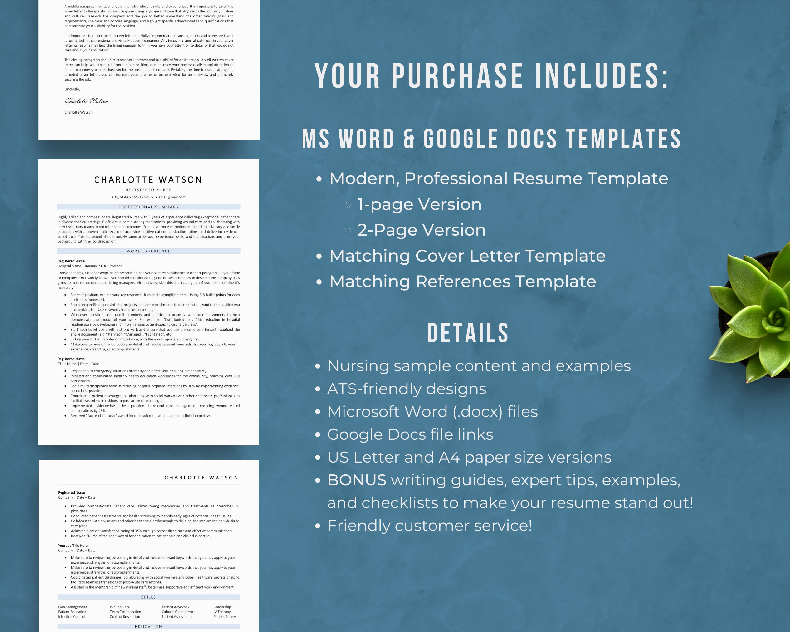 Nurse Resume Template for Word & Google Docs | Simple Nursing Resume ...