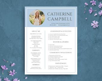 Sorority Resume Template with Photo, Editable Blue Rush Resume Template & Sample Cover Letters, College Social Resume, Sorority Rush Packet