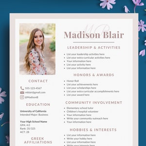 Sorority Resume Template | Minimalist Rush Resume with Photo and Sample Cover Letter | Aesthetic  College Social Resume Packet for Canva