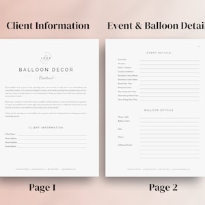 May include: A printable contract form for balloon decor services. The form includes sections for client information, event details, and balloon details. The form is designed to help balloon decorators organize and manage their business.