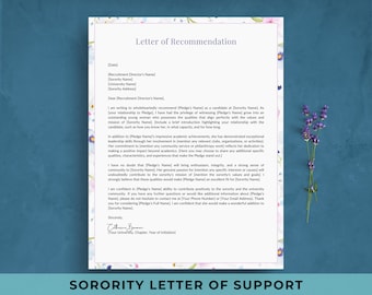 Sorority Recommendation Letter Template | Sorority Recruitment Letter of Support Example for Rush | LOR / LOS | Character Reference