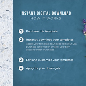 Może przedstawiać: Niebieskie tło z białym tekstem wyjaśniającym, jak kupić i pobrać cyfrowe szablony. Tekst brzmi: "INSTANT DIGITAL DOWNLOAD HOW IT WORKS 1 Purchase this template 2 Instantly download your templates Access your template downloads from your Etsy purchase confirmation email or your Etsy account under "Purchases". 3 Edit and customize your templates 4 Apply for your dream job!" W prawym g&oacute;rnym rogu obrazu znajduje się gałązka lawendy.