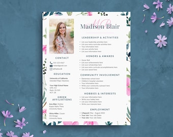 Sorority Lebenslauf Vorlage | Rosa und Grüne Blumenrausch Lebenslauf Vorlage für die Einstellung | College Social Resume Packet mit Anschreiben