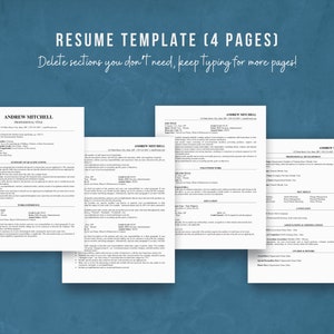 Może przedstawiać: Szablon CV z tytułem "Szablon CV (4 strony)" i tekstem "Usuń sekcje, kt&oacute;rych nie potrzebujesz, kontynuuj wpisywanie, aby uzyskać więcej stron!" Szablon jest podzielony na cztery strony, każda z inną sekcją. Pierwsza strona nosi tytuł "Andrew Mitchell" i zawiera tytuł zawodowy, podsumowanie kwalifikacji, doświadczenie zawodowe i umiejętności programistyczne. Druga strona nosi tytuł "Andrew Mitchell" i zawiera tytuł stanowiska, pracę wolontariacką i wykształcenie. Trzecia strona nosi tytuł "Andrew Mitchell" i zawiera rozw&oacute;j zawodowy, kluczowe umiejętności i języki. Czwarta strona nosi tytuł "Andrew Mitchell" i zawiera szkolenia i certyfikaty, nagrody i wyr&oacute;żnienia oraz specjalne uznanie.