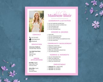 Sorority Resume Template with Photo, Editable Pink Rush Resume Template w/ Cover Letter, College Social Resume, Sorority Packet, Pink Resume