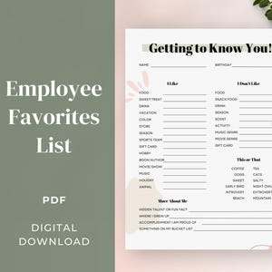 Kennenlernen Printable | Mitarbeiter-Favoriten-Liste | Mitarbeiter-Fragebogen, Rundum-Umfrage, Lieblingssachen des Mitarbeiters, Eisbrecher