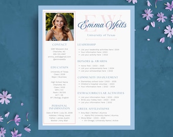 Blue Pink Sorority Resume Template | Rush Resume Template with Photo | Sorority Recruitment College Student Social Resume + Cover Letter