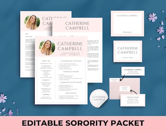 Pink Sorority Packet | Editable Sorority Resume Template with Photo | Rush Resume Template & Sample Cover Letters | College Social Resume