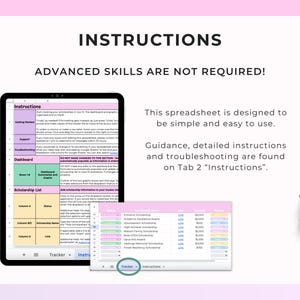 Puede incluir: Una tableta digital muestra una hoja de c&aacute;lculo con el t&iacute;tulo "Instructions" y el texto "Advanced Skills Are Not Required!". Una ventana m&aacute;s peque&ntilde;a muestra una lista detallada de becas. Una peque&ntilde;a suculenta en maceta est&aacute; en la esquina.