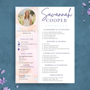 Sorority Resume Template | Rush Resume Template with Photo | College Student Social Resume | Sorority Packet | Pink and Purple | Editable