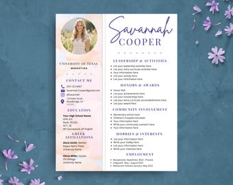 Sorority Lebenslauf Vorlage | Rush Lebenslauf Vorlage mit Foto | College-Student-Lebenslauf | Sorority Paket | Rosa und Lila | Veränderbar