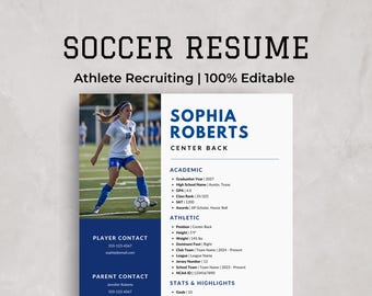 Soccer Resume Template for College Recruiting | Student Athlete Resume | Sports Resume | Athletic Profile Sheet | Editable in Canva