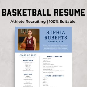 Peut inclure: Un modèle de CV de basket-ball avec le titre "BASKETBALL RESUME" et le texte "Athlete Recruiting | 100% Editable." Le CV comprend une photo d'un joueur de basket-ball et des sections pour les études, les contacts et le profil de l'athlète.