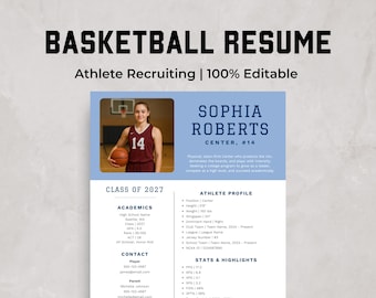 Puede incluir: Una plantilla de currículum de baloncesto con el título "BASKETBALL RESUME" y el texto "Athlete Recruiting | 100% Editable". El currículum incluye una foto de un jugador de baloncesto y secciones para académicos, contacto y perfil del atleta.