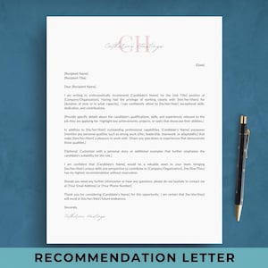 Plantilla de carta de recomendación / Solicitud de empleo profesional / Ejemplo de carta de referencia / Ejemplo de carta de carácter / Membrete / CANVA