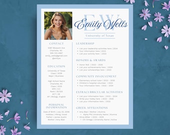 May include: A resume template with a photo of a smiling woman. The resume includes contact information, education, leadership, honors, community involvement, extracurricular activities, and Greek affiliations. The design is light blue with a floral border.