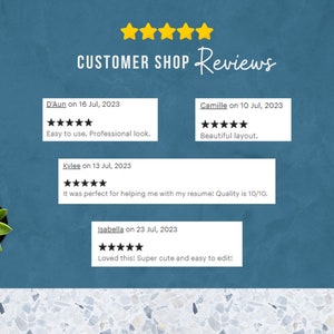 May include: Five-star customer reviews for a digital product. Reviews highlight ease of use, professional look, beautiful layout, and high quality. The reviews are dated July 2023.