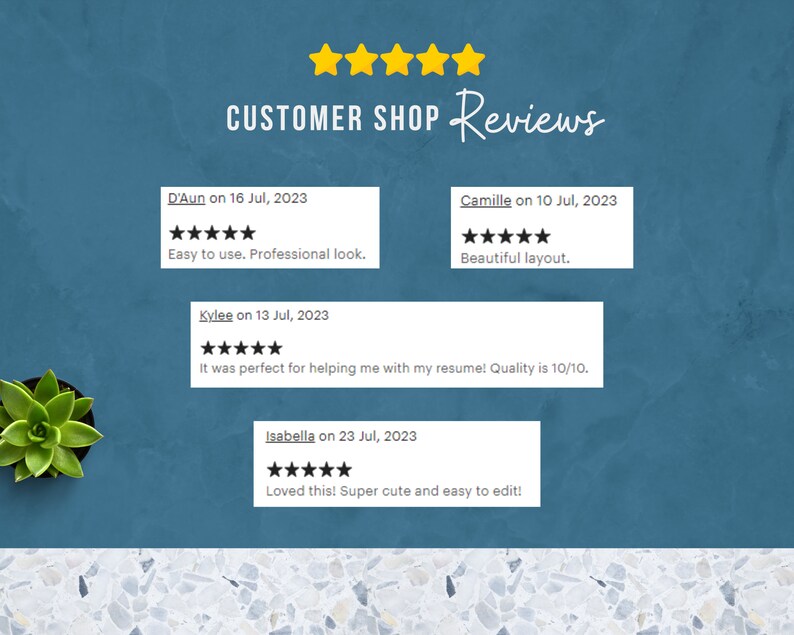 May include: Five-star customer reviews for a digital product. Reviews highlight ease of use, professional look, beautiful layout, and high quality. The reviews are dated July 2023.