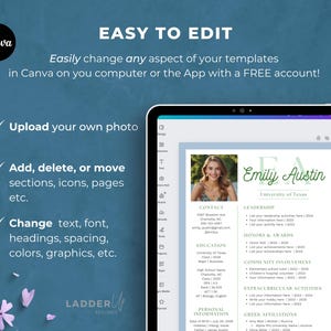 May include: A digital resume template on a tablet screen, featuring a photo and sections for contact, education, and experience. The text reads "Easy to Edit" and highlights the ability to customize the template in Canva.