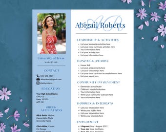 Blue Sorority Resume Template | Editable Sorority Recruitment Rush Resume Template | Social Resume Packet with Cover Letters for College