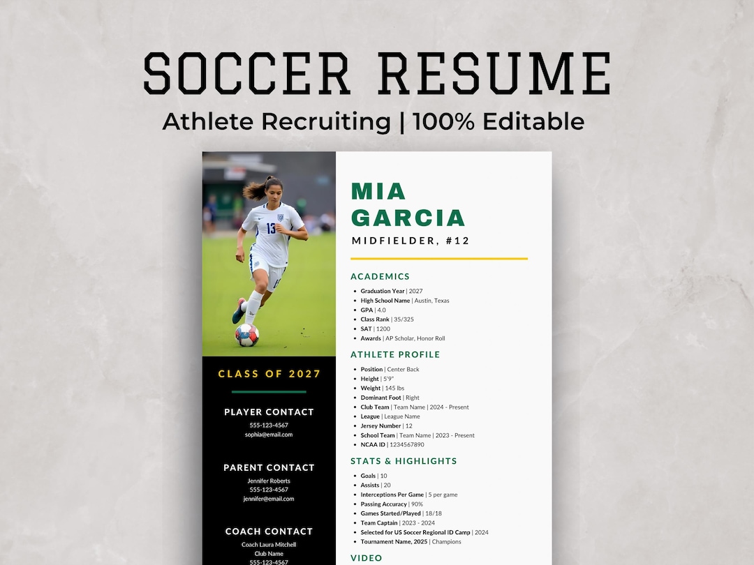 Soccer Resume Template for College Recruiting | Student Athlete Resume ...