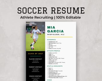 Modello di curriculum per calciatori per reclutamento universitario / Curriculum per studenti atleti / Curriculum sportivo / Scheda di profilo atletico / Modificabile in Canva