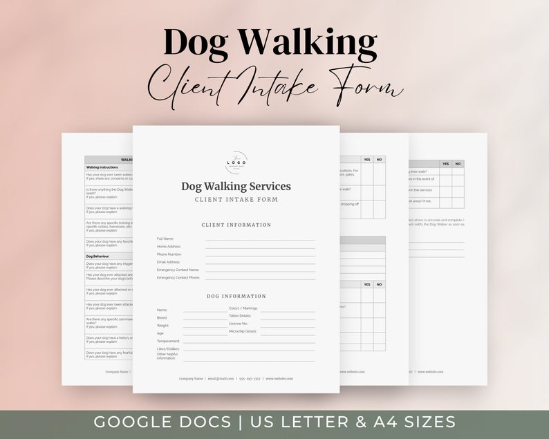Dog Walking Services client intake form template download for Google Docs
