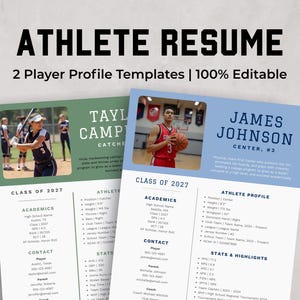 Athlete Resume Profile Sheet Templates for College Recruiting | TWO Athletic Sports Resume for Softball, Soccer, Volleyball | Edit in Canva